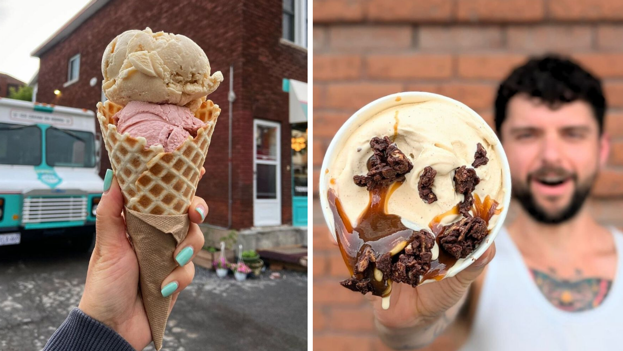 Someone holds up a waffle cone in front of a brick building. Right: Someone holds up a pint of ice cream.