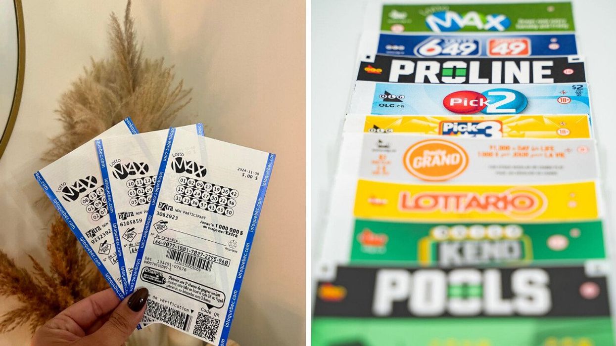 Someone holds up Lotto Max tickets sold in Quebec. Right: Canadian lottery tickets (illustrative).