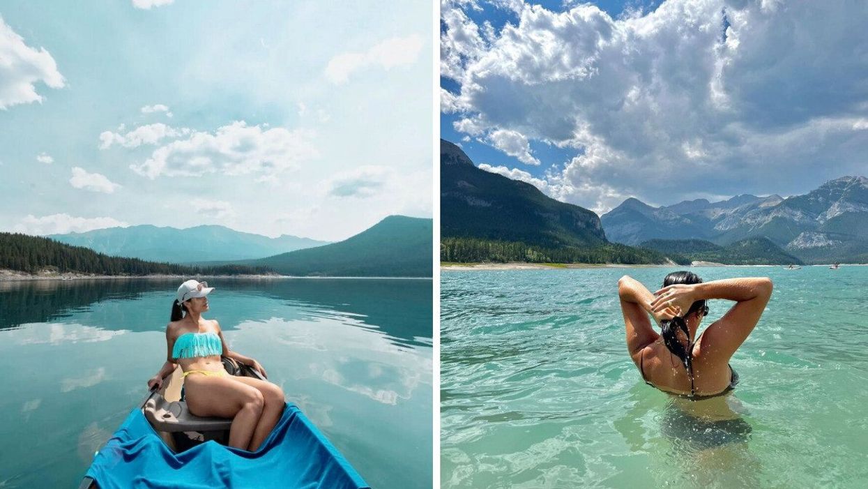 Someone in a canoe on a blue lake with mountains behind. Right: Someone swimming in turquoise water.