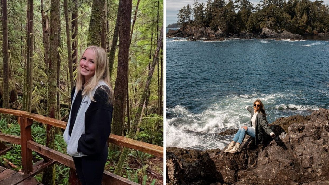 Someone in a rainforest. Right: Someone sitting on a shoreline.
