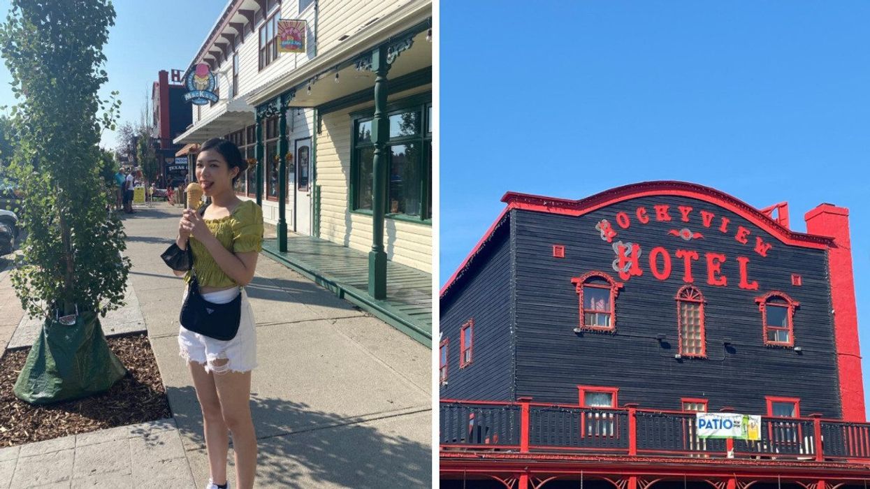 Someone in a small Alberta town. Right: A hotel.