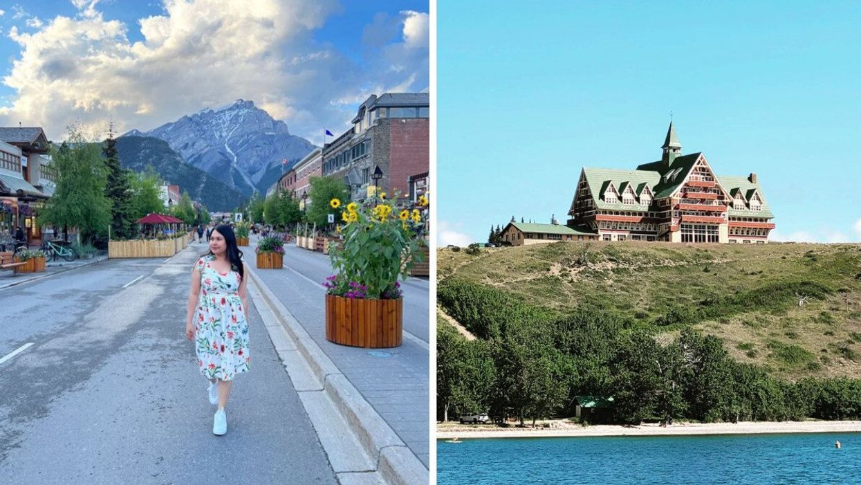 Someone in Banff. Right: A hotel in Waterton.