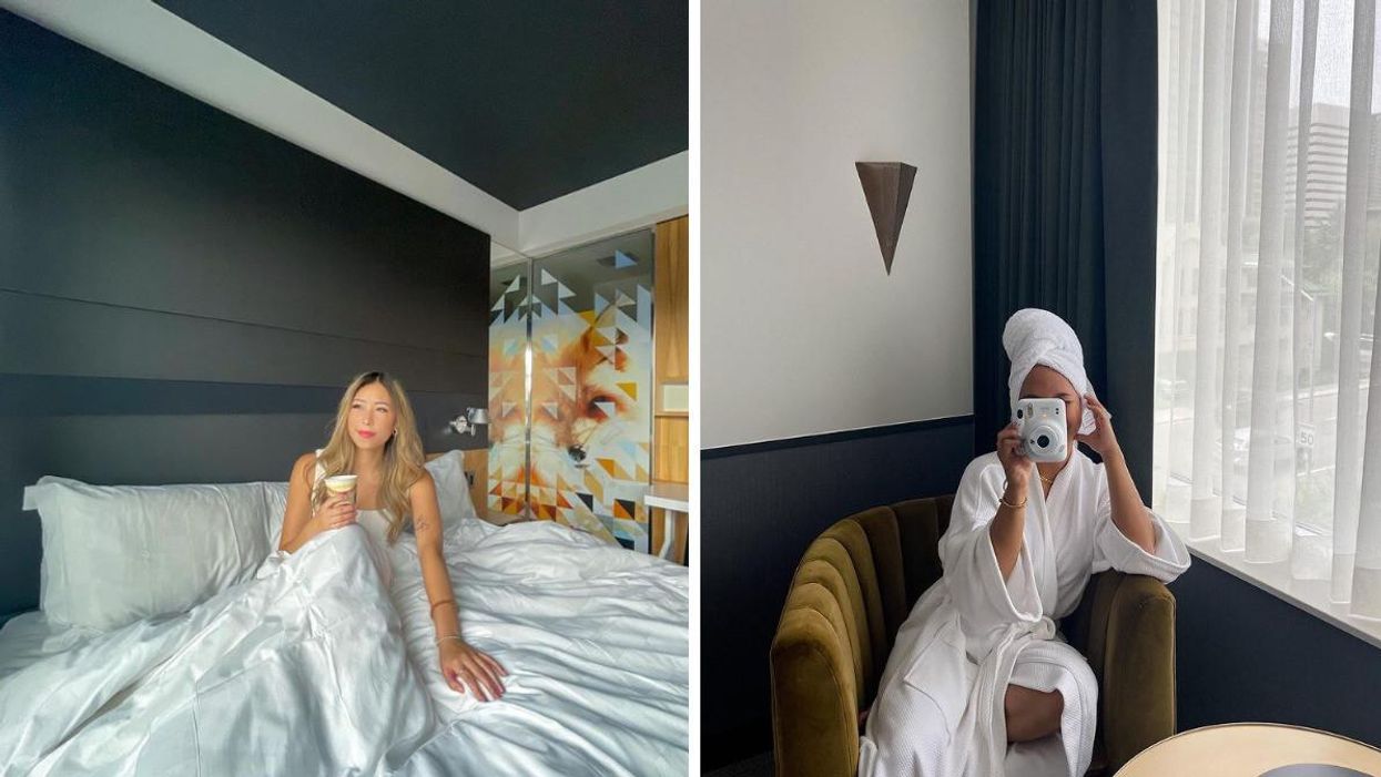 Someone in bed at the Alt Hotel East Village. Right: Someone take a photo at The Westley Hotel.