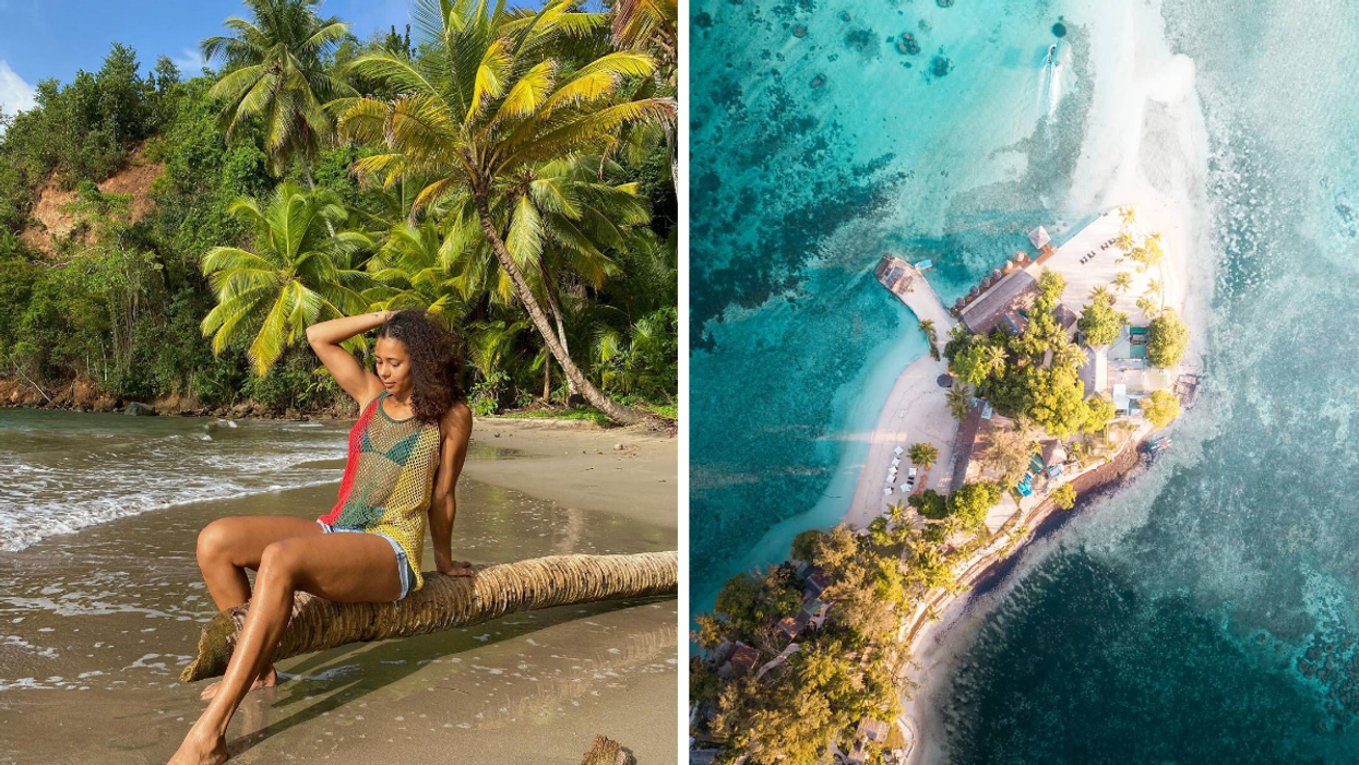 Someone in Dominica. Right: Erakor Island in Vanuatu.