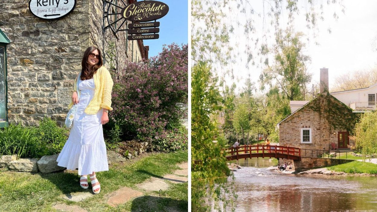 Someone in front of a brick building. RightL A brick building next to a bridge and a river.