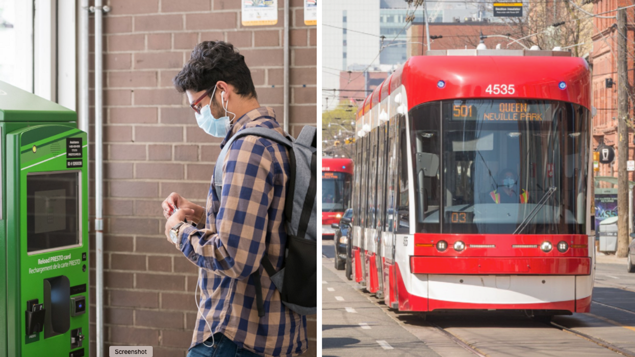 Someone in front of a Presto machine. Right: Toronto streetcar.