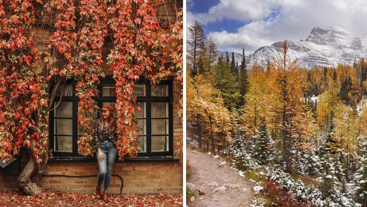 Someone in London in fall. Right: Fall colours in Banff.