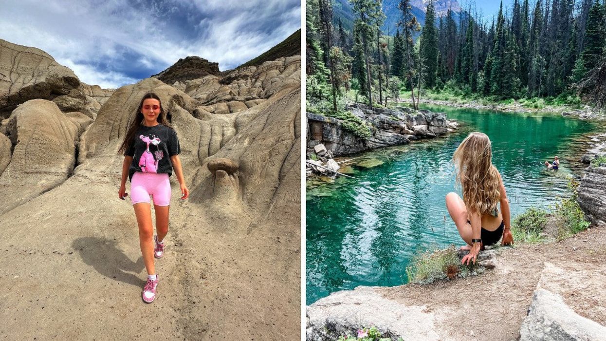 Someone in the badlands. Right: Person by a swimming hole.