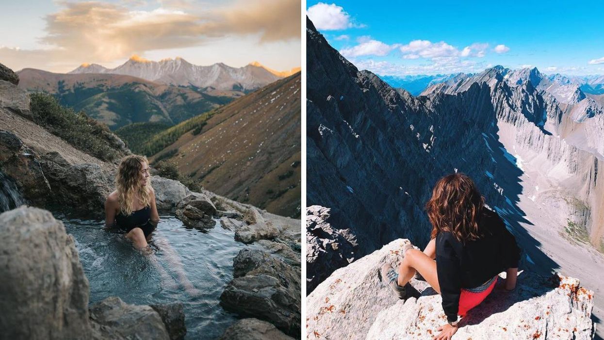 Someone in the hot spring on Mist Mountain. Right: Someone looking out over the mountains.