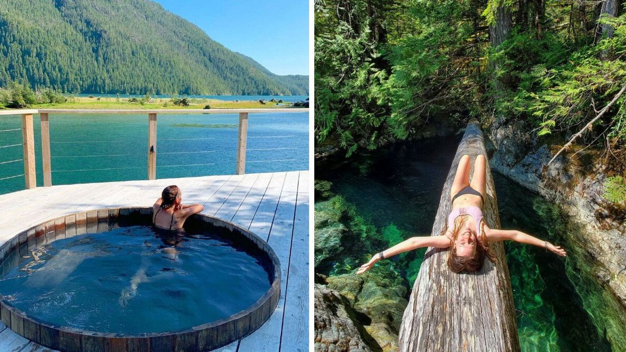Someone in the hot tub at an all-inclusive resort on Vancouver Island. Right: someone lounging by turquoise water.
