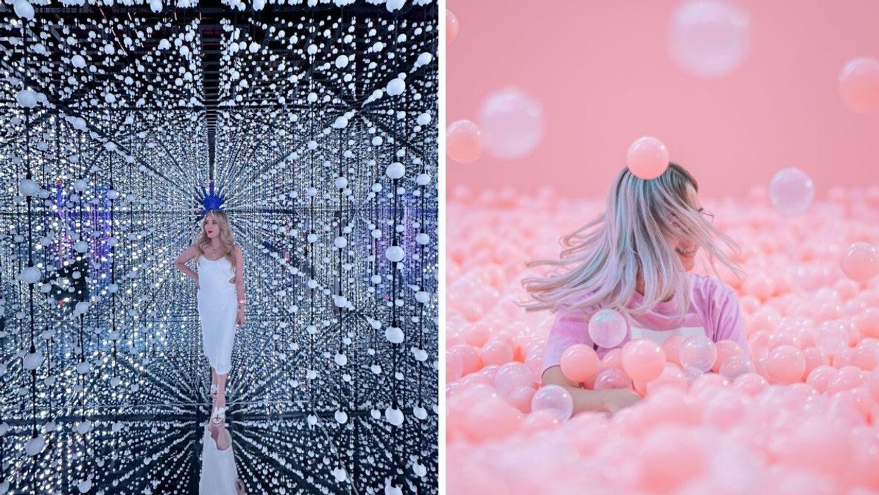 Someone in the infinity room at the Bubble Planet Experience. Right: The Bubble Planet Experience.