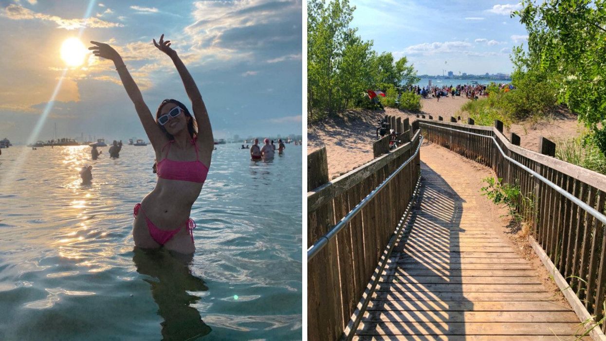Someone in the water at Hanlan's Point Beach in Toronto. Right: Hanlan's Point Beach.