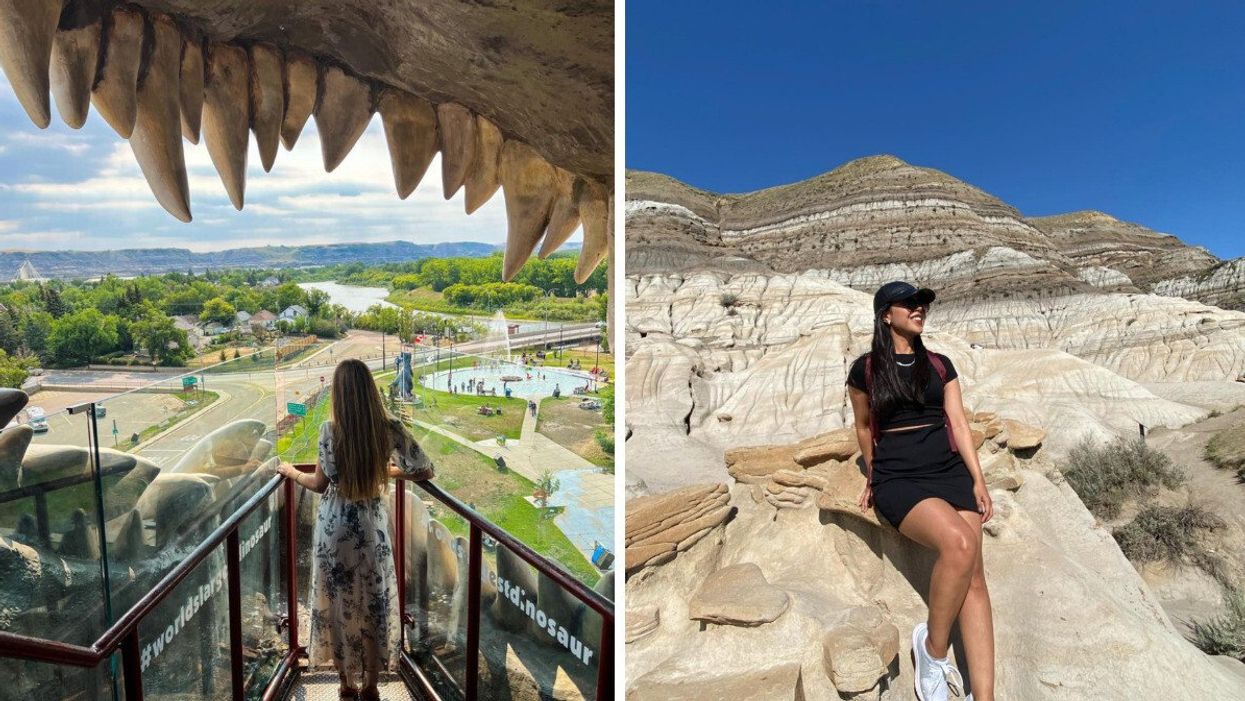 Someone in the "world's largest dinosaur" in Drumheller. Right: Someone in Drumheller