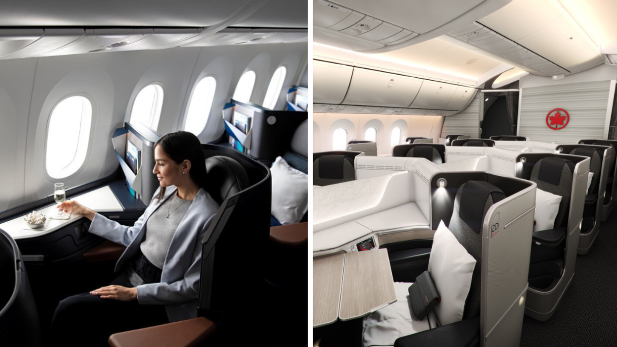 Someone in WestJet's Business Class. Right: Air Canada's Signature Class seats.