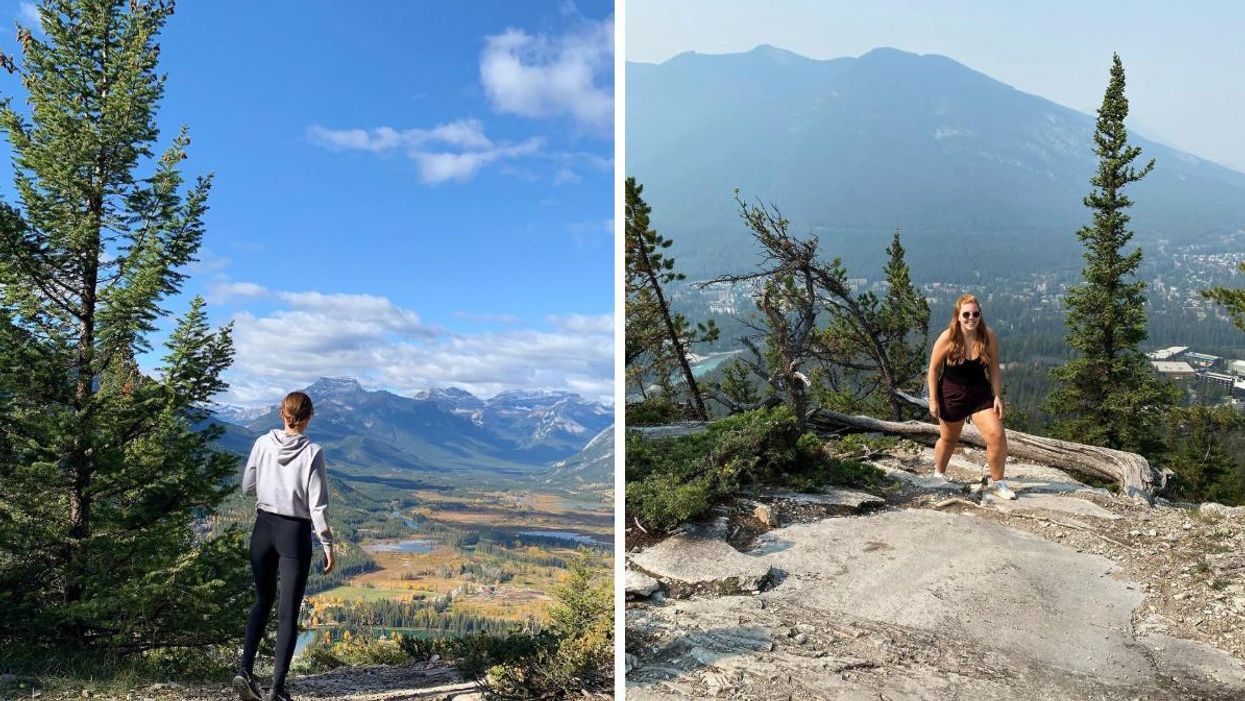 Someone looking out at the view from Tunnel Mountain. Right: Someone hiking on Tunnel Mountain.
