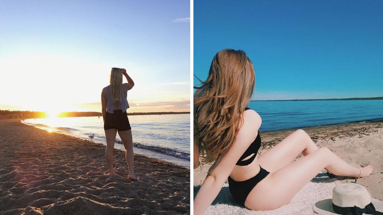 Someone looking out over Kinosoo Beach at sunset. Right: Someone sunbathing at Ma-Me-O Beach.