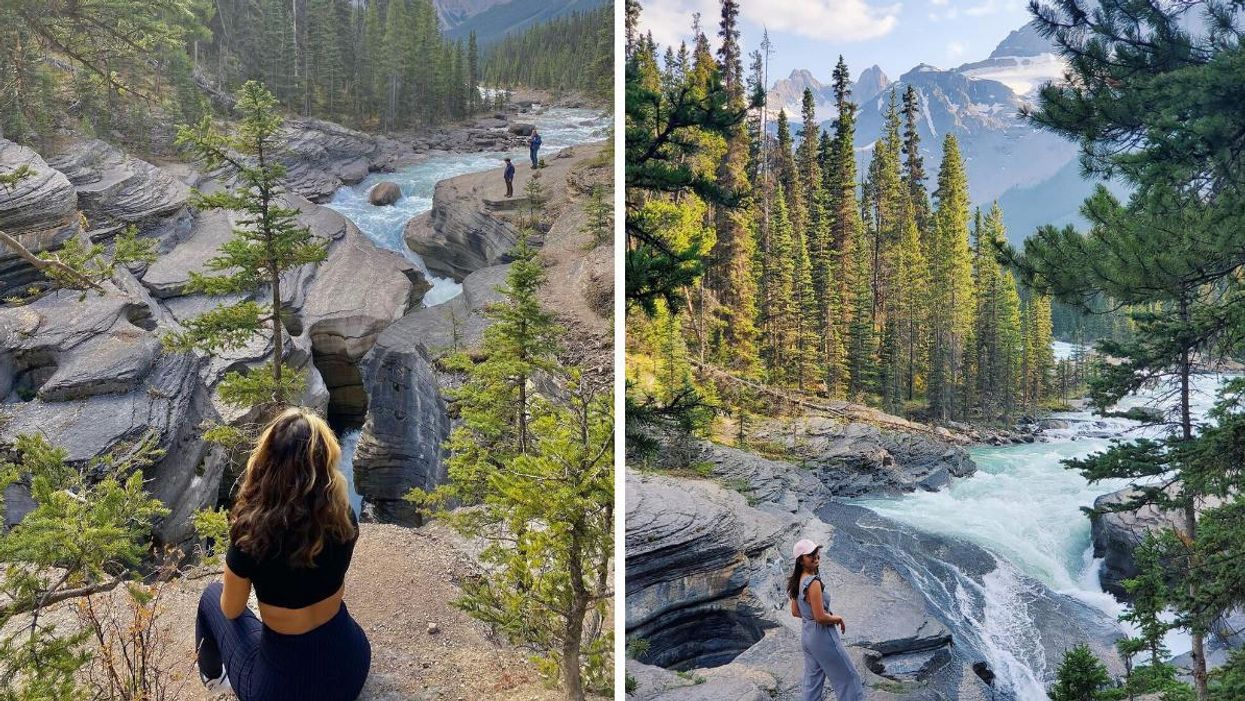 Someone looking out over Mistaya Canyon. Right: The view of the mountains over Mistaya Canyon.