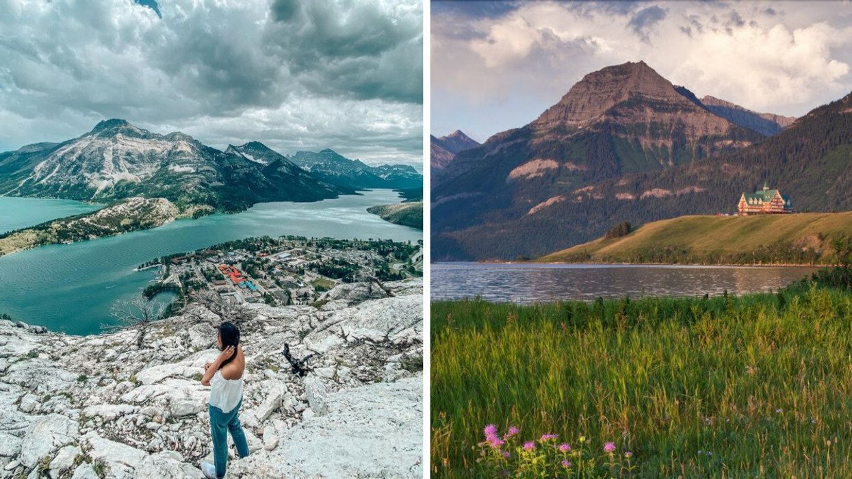 Someone looking over a view on a hike. Right: A mountain and lake view.