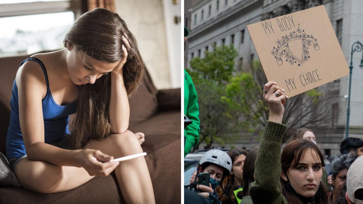 Someone looks at a pregnancy test result. Right: A woman protesting for abortion rights.