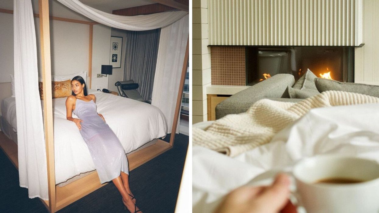 Someone lounging on a four-poster bed. Right: Someone holding coffee in bed with a gas fireplace behind.