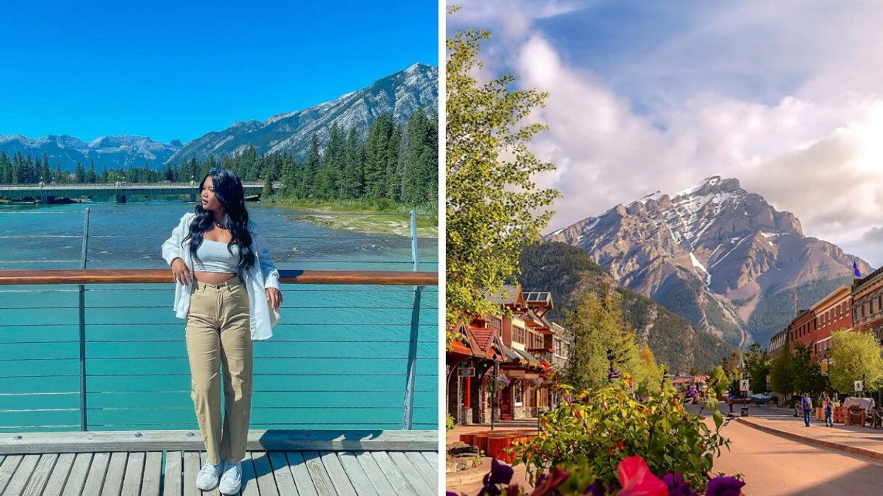 Someone near a river. Right: A mountain town.