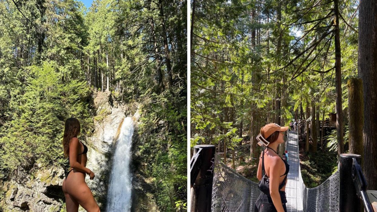 Someone near a waterfall. Right: A suspension bridge in the woods with a person on it.