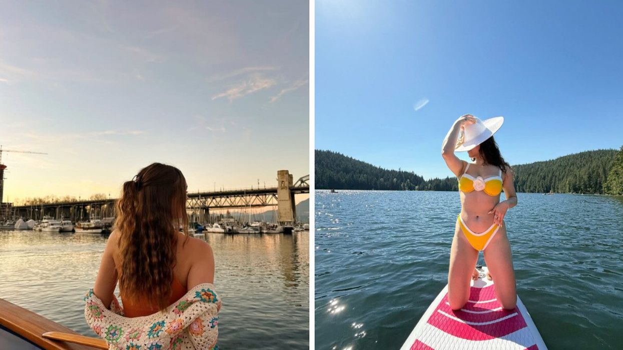 Someone near the water in a harbour. Right: A person on a paddle board.