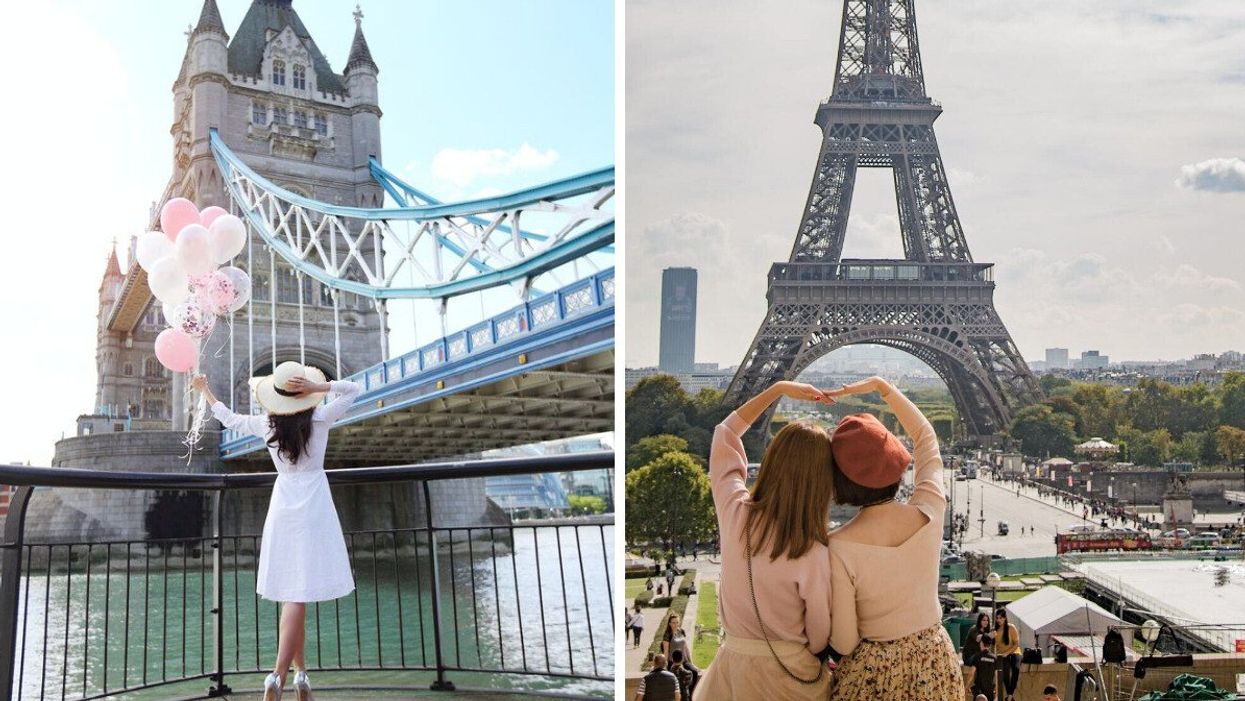 Someone near Tower Bridge in London. Right: People near the Eiffel Tower in Paris.