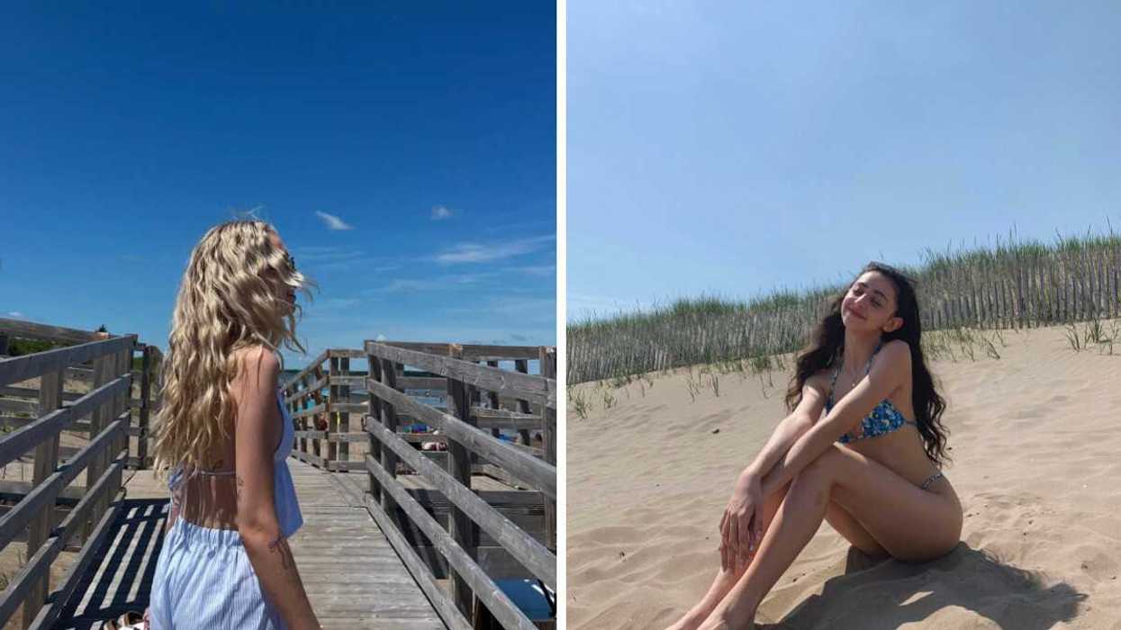 Someone on a beach boardwalk. Right: A person on a beach.