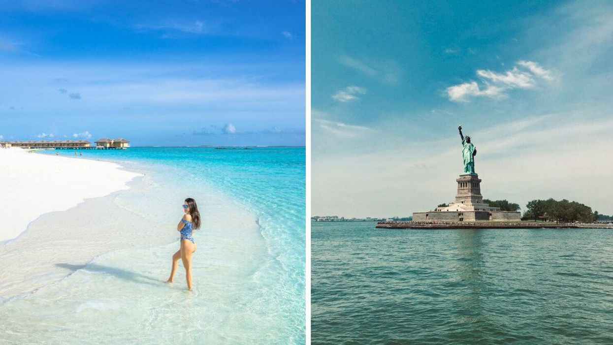 Someone on a beach in the Maldives. Right: The Statue of Liberty in New York.