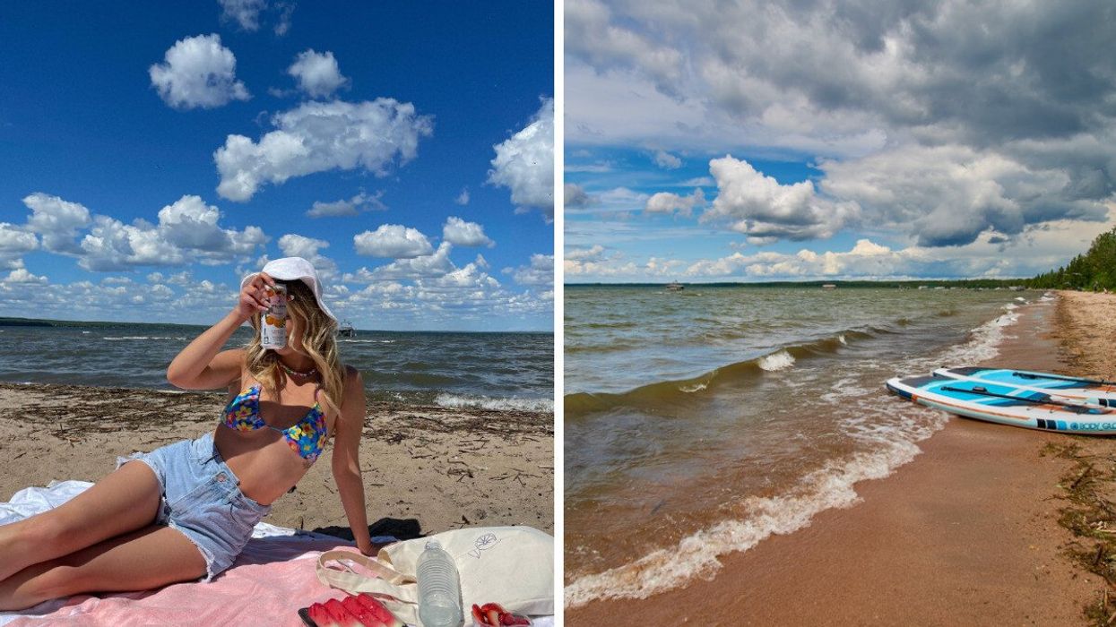Someone on a beach. Right: A beach.