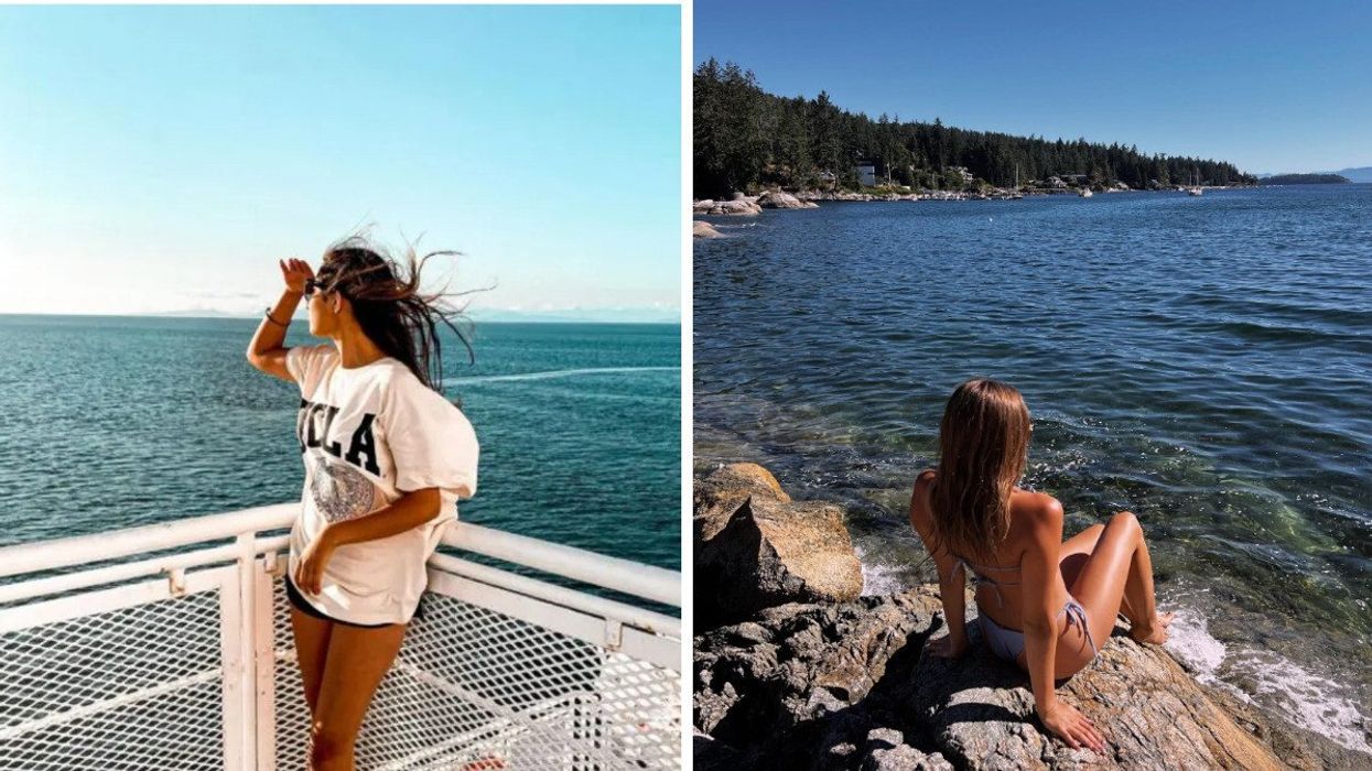 Someone on a ferry. Right: Someone by the water on a rock.