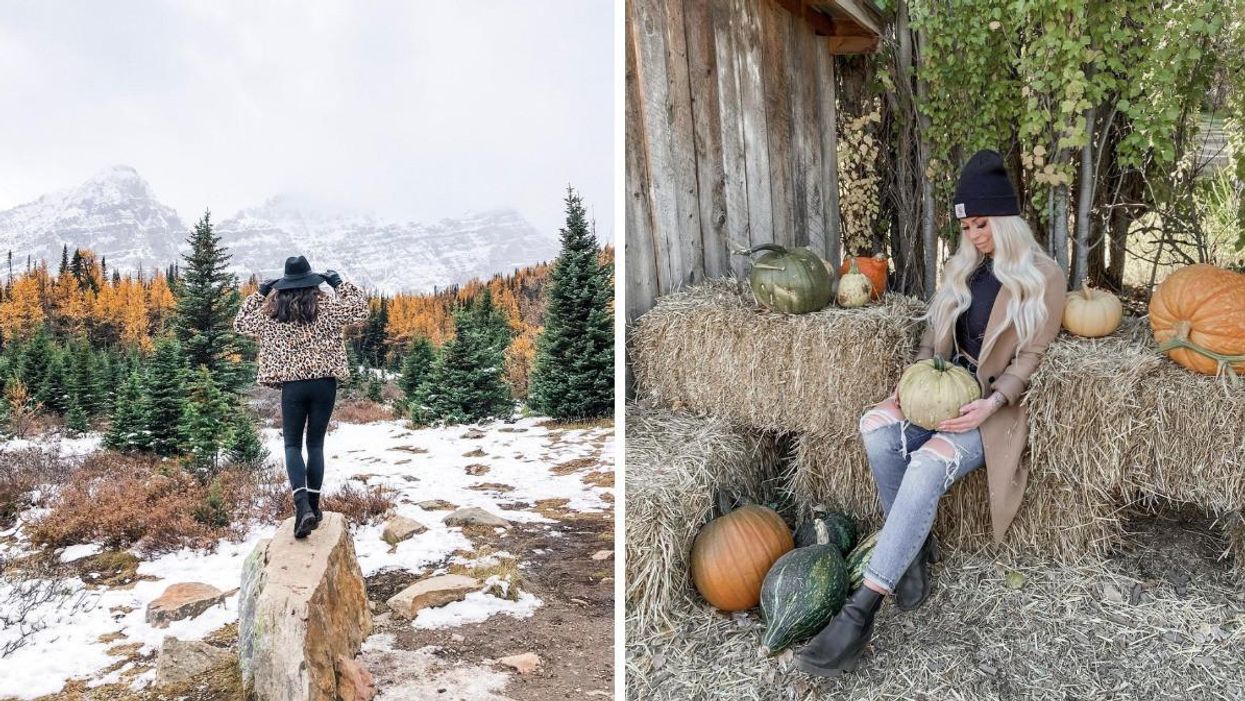 Someone on a hike in the larches. Right: Someone at a pumpkin patch