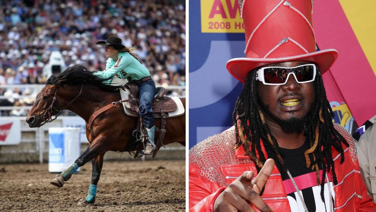Someone on a horse at Calgary Stampede. Right: T-Pain.