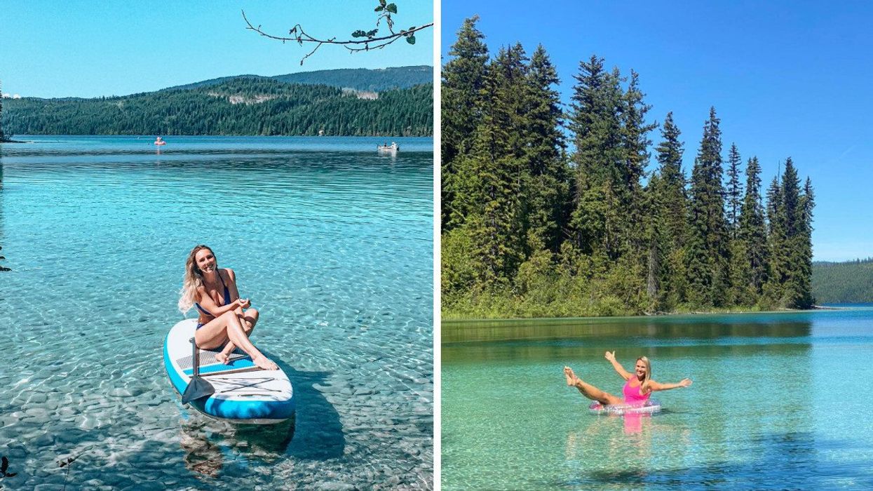 Someone on a paddleboard on a lake. Right: Someone floating in a lake.
