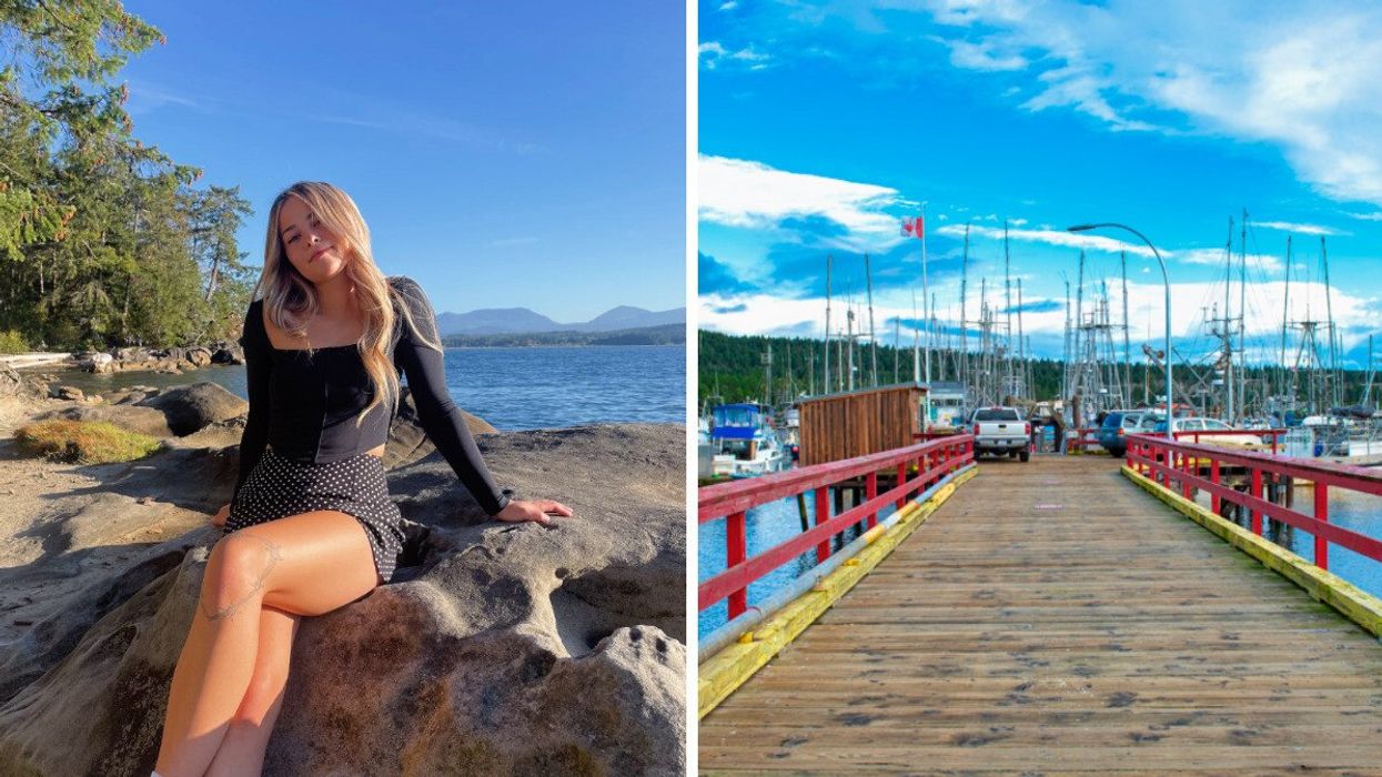 Someone on a rock. Right: A pier.