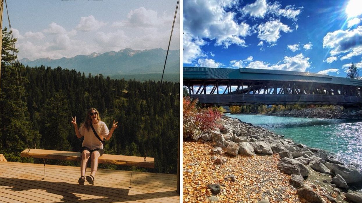 Someone on a swing with a view. Right: A bridge.