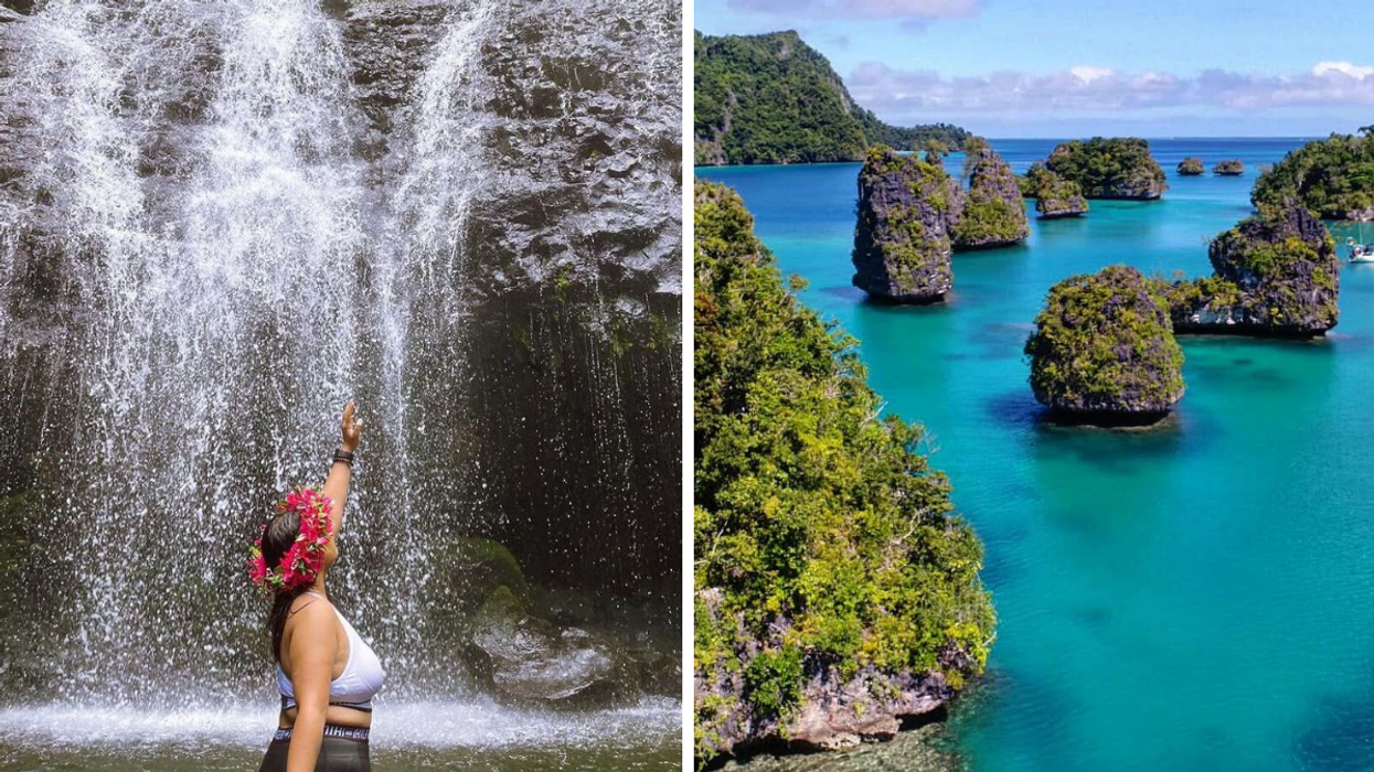 Someone on an island in Micronesia. Right: Islands in Fiji.