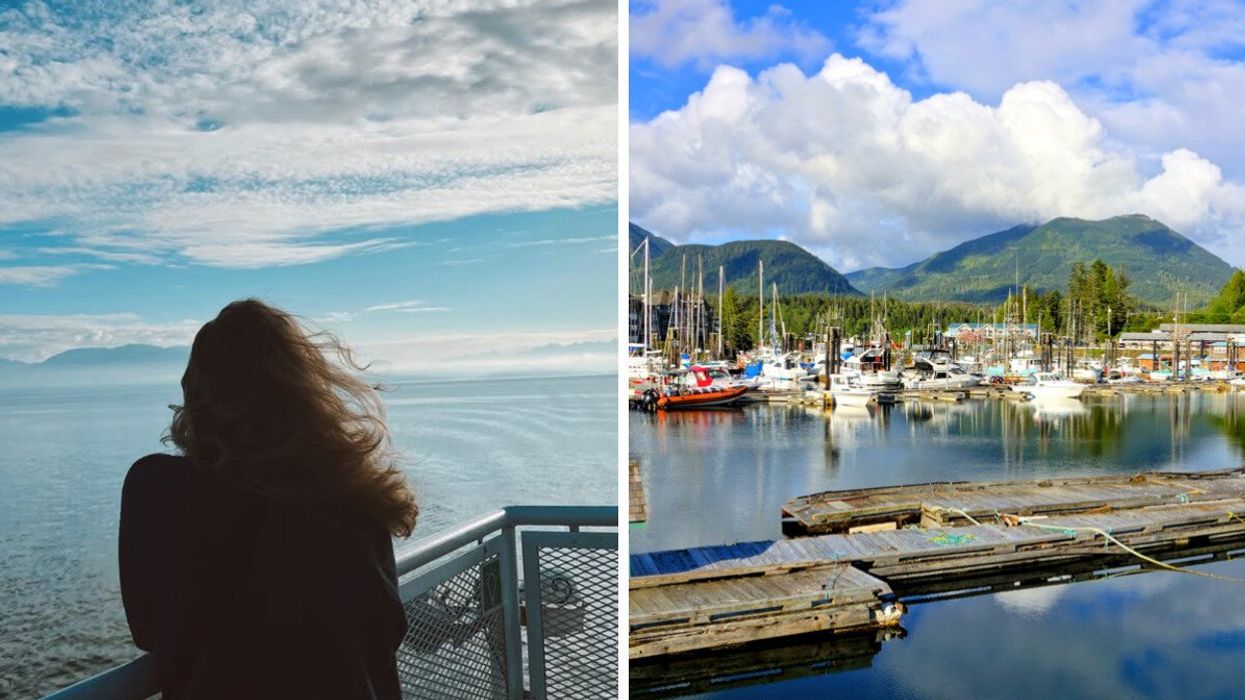 Someone on BC Ferries. Right: A harbour.