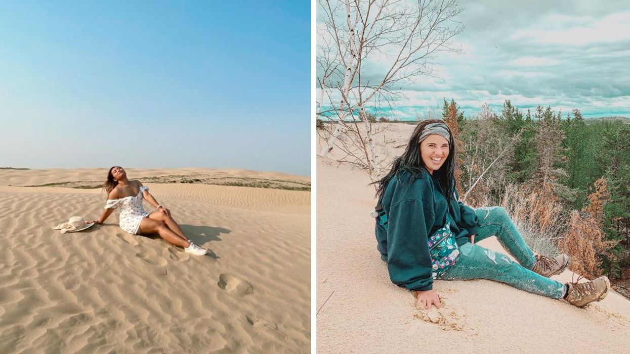 Someone on Great Sandhills dune. Right: Someone at Athabasca Sand Dunes in Saskatchewan.