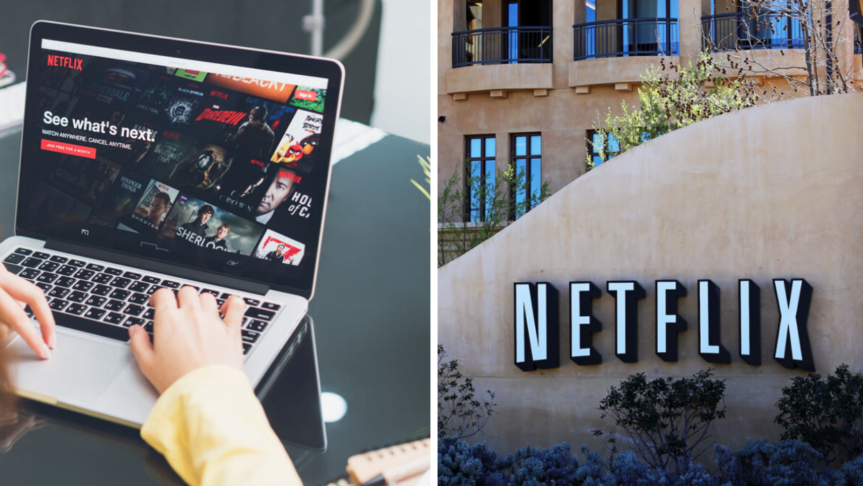 Someone on Netflix on their lap top. Right: Netflix Headquarters.