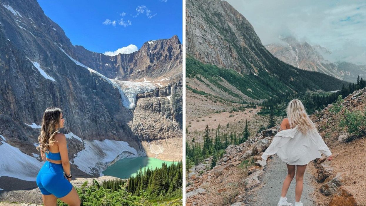 Someone on the Mount Edith Cavell hike. Right: Someone hiking Cavell Meadows.