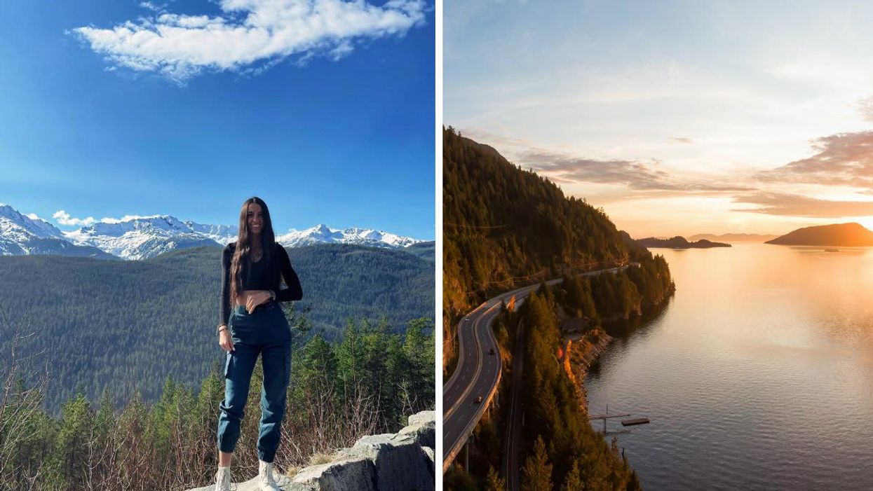 Someone on the side of the Sea to Sky highway. Right: A photo of the Sea to Sky highway in B.C.