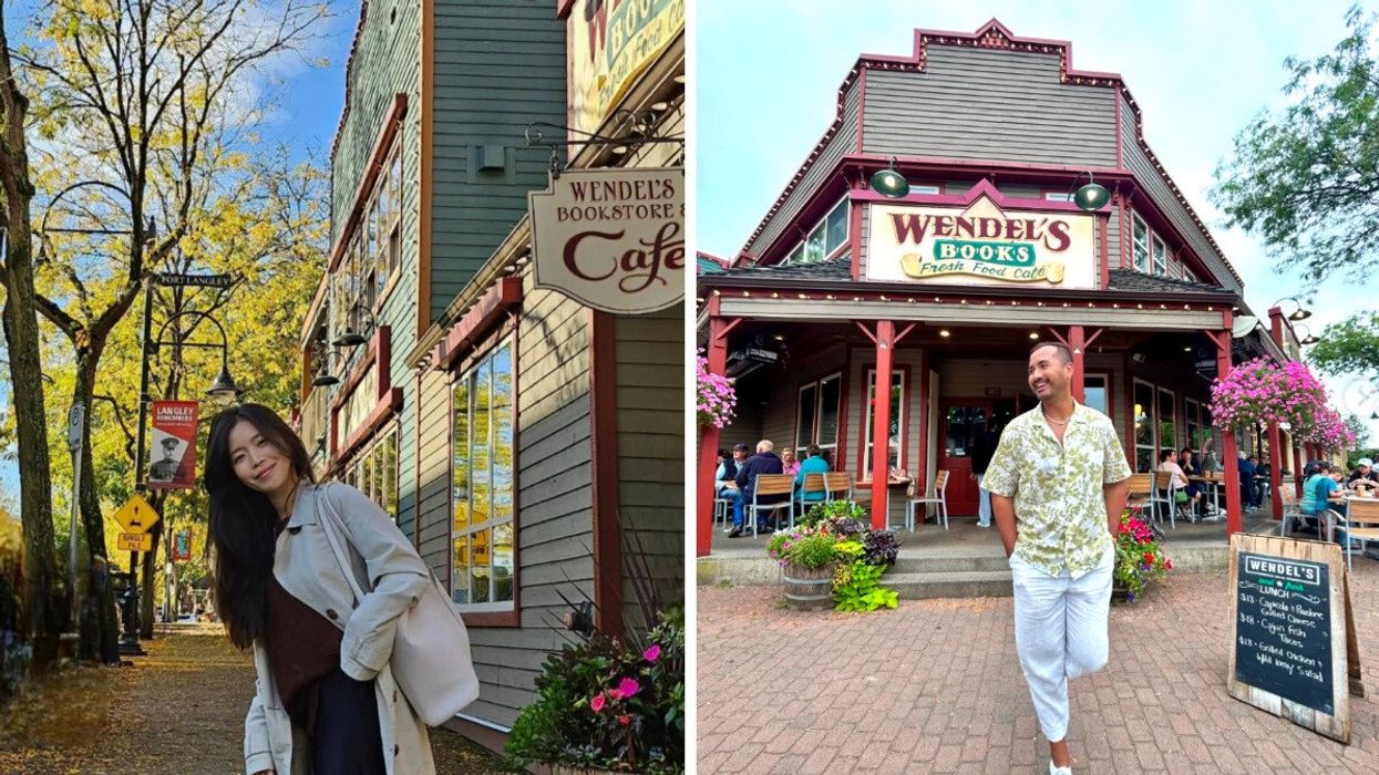Someone on the street in a town. Right: Person walking from a store.