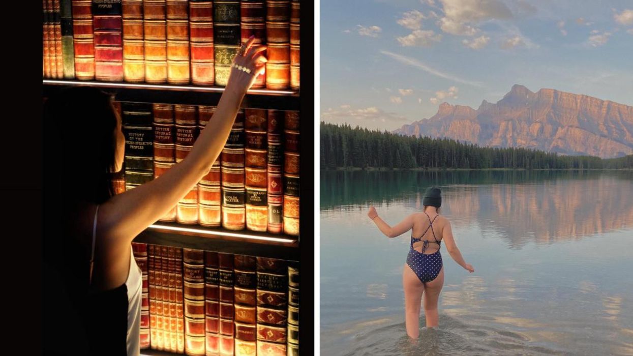Someone opening the bookcase to Rundle Lounge's secret room. Right: Someone swimming in Two Jack Lake.