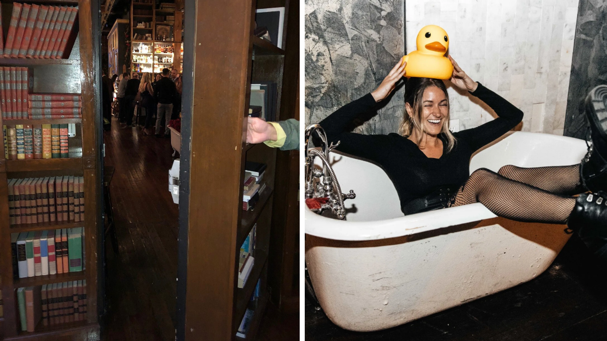 Someone opening the secret bookcase door. Right: A woman sitting in the bathtub inside the bar.