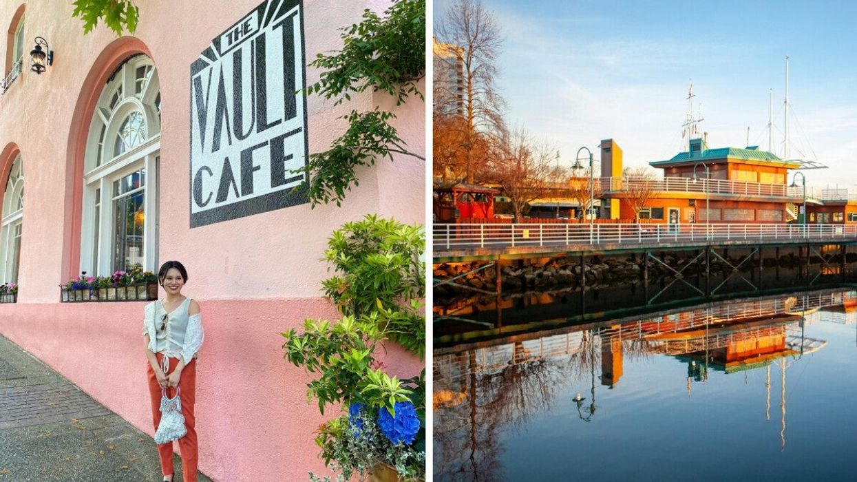 Someone outside of a cafe. Right: A habourfront.