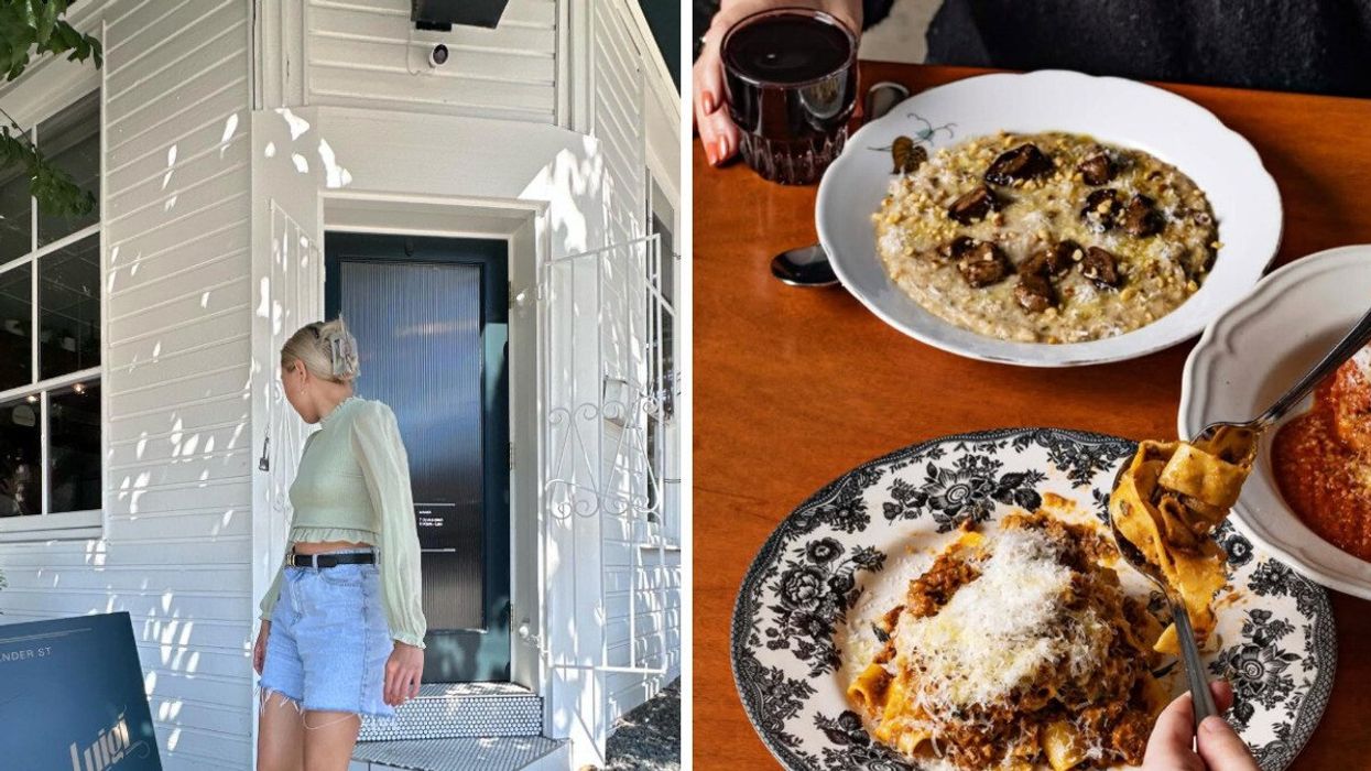 Someone outside of a restaurant. Right: Food at a restaurant.