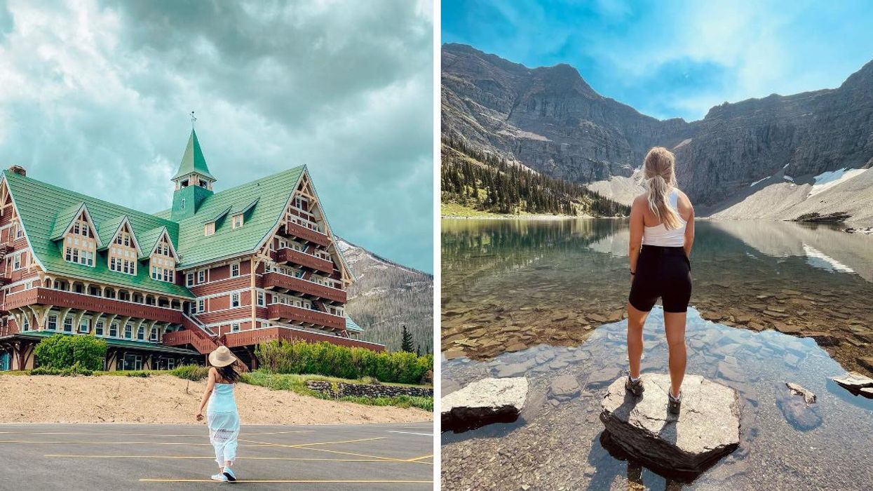 Someone outside the Prince Of Wales Hotel. Right: Someone looking out over Crypt Lake.