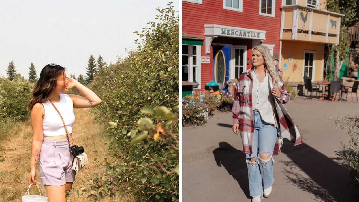 Someone picking berries at Saskatoon Farm. Right: Someone at Saskatoon Farm.